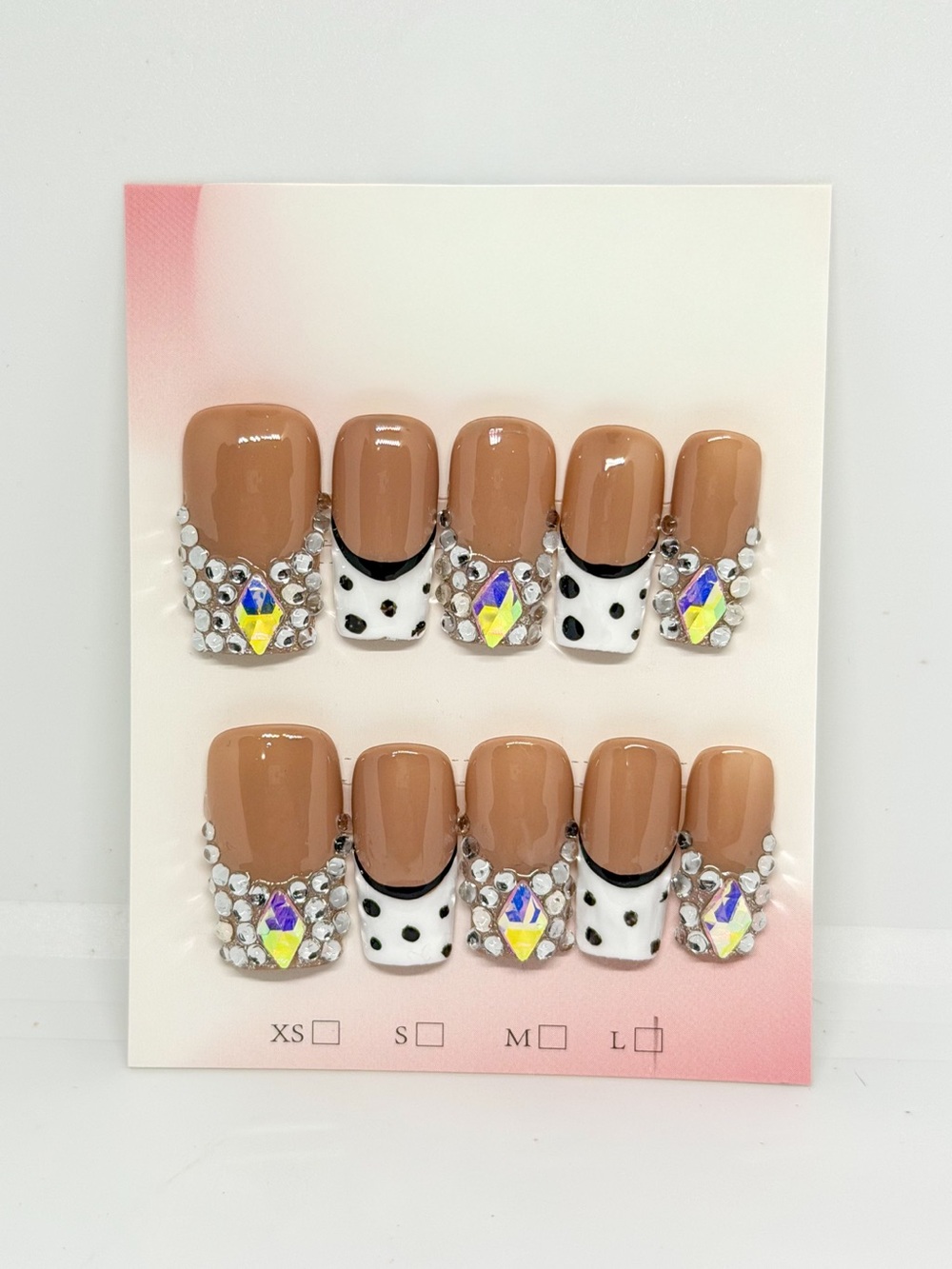 Nude Brown Crystal Accent Press-On Nail Set with Polka Dot Detail
